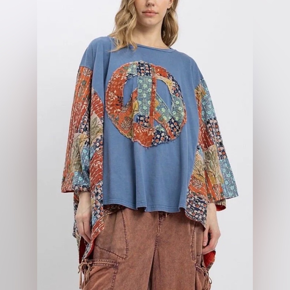 Blue Velvet Peace Sign Oversize Top, Kantha Sleeves, Blue, S/M